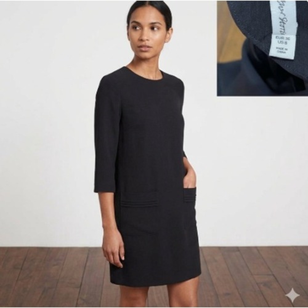 & Other Stories Black Crepe 3/4 Sleeve Shift Dress LBD Size 6
